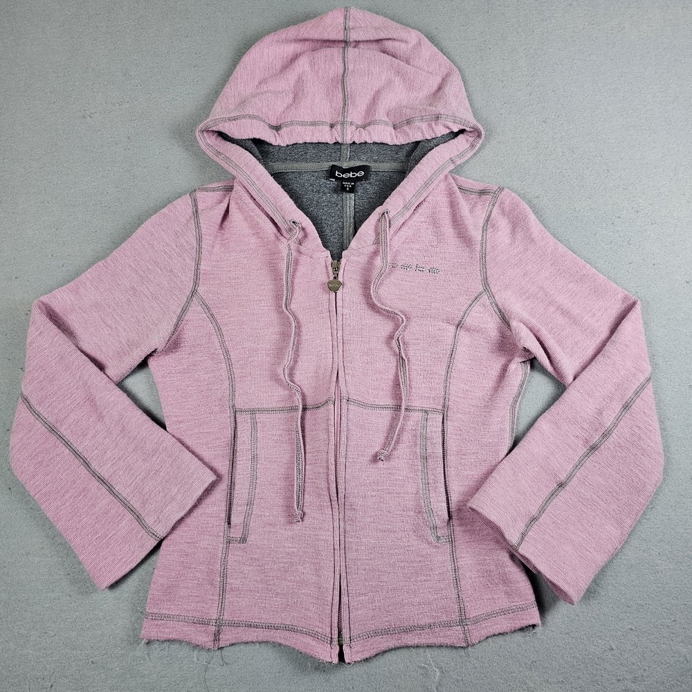 Vintage Bebe Hoodie Womens Small Pink Full Zip Rhinestone Frayed Hem Made in USA